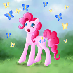 Size: 896x892 | Tagged: safe, artist:gocholudek, pinkie pie, butterfly, earth pony, pony, adorable face, cute, happy