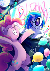 Size: 752x1063 | Tagged: safe, artist:yulyeen, dj pon-3, pinkie pie, vinyl scratch, earth pony, pony, unicorn, balloon, friendshipping, party, party hard