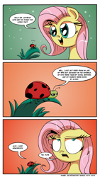 Size: 1000x1772 | Tagged: safe, artist:daniel-sg, fluttershy, ladybug, pegasus, pony, comic, dialogue, eyeroll, floppy ears, grass, looking up, open mouth, smiling, too much information