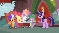 Size: 1366x768 | Tagged: safe, derpibooru import, screencap, apple bloom, scootaloo, spike, sweetie belle, twilight sparkle, dragon, the show stoppers, cutie mark crusaders