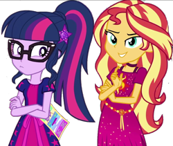 Size: 2048x1730 | Tagged: safe, artist:php77, editor:php77, sci-twi, sunset shimmer, twilight sparkle, better together, equestria girls, spring breakdown, background removed, cropped, geode of empathy, geode of telekinesis, glasses, magical geodes, ponytail, simple background, transparent background