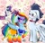 Size: 1073x1040 | Tagged: safe, artist:nightmarerara, derpibooru import, rainbow dash, rarity, soarin', pegasus, pony, unicorn, alternate hairstyle, bag, binoculars, blushing, bow, bowtie, clothes, dress, embarrassed, exclamation point, eyeshadow, female, flower, hair bow, jewelry, makeup, male, mare, mouth hold, necklace, ponytail, rainbow dash always dresses in style, rainbow socks, raised hoof, shipper on deck, shipperity, shipping, skirt, soarindash, socks, stallion, straight, striped socks