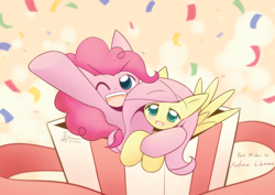 Size: 1712x1215 | Tagged: safe, artist:howxu, fluttershy, pinkie pie, earth pony, pegasus, pony, andrea libman, birthday, blushing, confetti, cute, one eye closed, present, wink