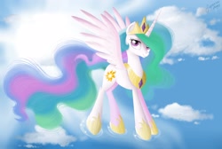 Size: 3000x2014 | Tagged: safe, artist:vird-gi, princess celestia, alicorn, pony, cloud, flying, sky, solo, spread wings