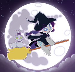 Size: 2864x2718 | Tagged: safe, artist:gaturo, artist:mrcbleck, opalescence, rarity, pony, unicorn, collaboration, blush sticker, blushing, broom, clothes, cloud, costume, cute, duo, flying, flying broomstick, full moon, halloween, mare in the moon, moon, night, night sky, open mouth, raribetes, remake, sky, stars, witch