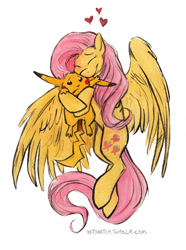 Size: 561x753 | Tagged: safe, artist:kenket, fluttershy, pegasus, pikachu, pony, crossover, flying, heart, help me, hug, large wings, pokémon, traditional art