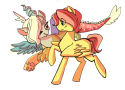 Size: 2662x1919 | Tagged: safe, artist:inverseskies, butterscotch, discord, eris, fluttershy, pegasus, pony, discoshy, eriscotch, eye contact, female, frown, male, open mouth, raised hoof, raised leg, rule 63, shipping, smiling, straight