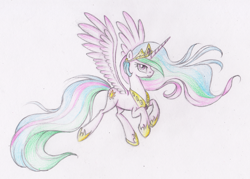 Size: 2264x1623 | Tagged: safe, artist:vird-gi, princess celestia, alicorn, pony, flying, solo, traditional art