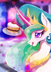 Size: 1358x1920 | Tagged: safe, artist:rariedash, princess celestia, alicorn, pony, :p, cake, cakelestia, food, licking, licking lips, magic, solo, telekinesis, tongue out