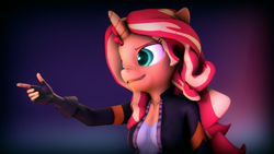 Size: 3840x2160 | Tagged: safe, alternate version, artist:imafutureguitarhero, sunset shimmer, anthro, unicorn, 3d, 4k, chromatic aberration, clothes, colored eyebrows, colored eyelashes, equestria girls outfit, female, film grain, finger gun, fingerless gloves, floppy ears, freckles, gloves, gradient background, high res, horn, jacket, long hair, mare, multicolored hair, multicolored mane, nose wrinkle, pointing, signature, smiling, solo, source filmmaker, wallpaper, windswept mane