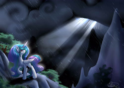 Size: 4900x3500 | Tagged: safe, artist:mimkage, princess celestia, alicorn, pony, absurd resolution, cloud, crepuscular rays, looking up, mountain, rain, raised hoof, scenery, solo, wet