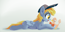 Size: 3708x1818 | Tagged: safe, artist:gsphere, derpy hooves, bird, pegasus, pony, deformed, female, happy, hat, mailmare hat, mare, open mouth, prone, solo