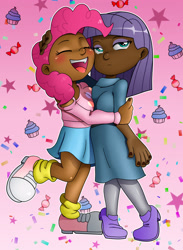 Size: 1861x2543 | Tagged: safe, artist:chacrawarrior, maud pie, pinkie pie, human, clothes, commission, converse, couple, dark skin, female, humanized, pie sisters, shoes, siblings, sisters, skirt, socks, stockings, thigh highs