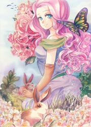 Size: 800x1117 | Tagged: safe, artist:ikanu96, fluttershy, butterfly, human, rabbit, flower, humanized, solo