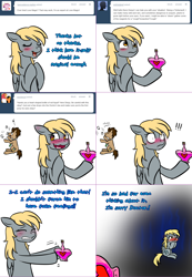 Size: 1562x2255 | Tagged: safe, artist:jitterbugjive, derpy hooves, doctor whooves, pony, ask, blushing, food, juggling, love potion, lovestruck derpy, marshmallow, tumblr