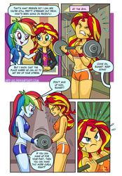 Size: 593x851 | Tagged: safe, artist:art-2u, rainbow dash, sunset shimmer, comic:gym partners, equestria girls, belly button, cafeteria, clothes, comic, eyes closed, female, gym, gym uniform, midriff, open mouth, partners, shorts, smiling, speech bubble, sports bra, sports shorts, sweat, weight lifting, weights, wristband