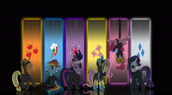 Size: 2898x1600 | Tagged: safe, artist:rockcandy01, derpibooru import, edit, applejack, fluttershy, pinkie pie, rainbow dash, rarity, twilight sparkle, earth pony, pegasus, pony, unicorn, abstract background, bunny ears, catsuit, clothes, costume, cutie mark, dangerous mission outfit, flutterspy, future twilight, goggles, hoodie, mane six