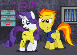 Size: 2200x1570 | Tagged: safe, artist:spellboundcanvas, rarity, spitfire, pony, unicorn, clothes, complaining, do i look angry, horn cap, magic suppression, police, prison, prison outfit, prisoner, text, window