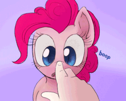 Size: 540x432 | Tagged: dead source, safe, artist:surgicalarts, pinkie pie, human, pony, :o, animated, boop, cross-eyed, cute, diapinkes, female, hand, looking at you, mare, offscreen character, open mouth, pov, smiling