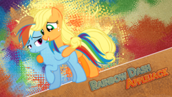 Size: 1920x1080 | Tagged: safe, artist:nightmaremoons, artist:paradigm-zero, derpibooru import, edit, applejack, rainbow dash, earth pony, pegasus, pony, appledash, commission, female, lesbian, shipping, wallpaper, wallpaper edit