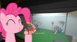 Size: 1740x960 | Tagged: safe, pinkie pie, pony, shrimp, eyes closed, female, mare, ponies eating meat, ponies eating seafood, predation, solo, the static speaks my name, this will end in tears and/or death