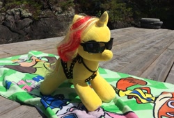 Size: 3071x2087 | Tagged: safe, artist:ejlightning007arts, sunset shimmer, pony, build-a-bear, clothes, irl, lying down, photo, photography, plushie, sunglasses, swimsuit, towel