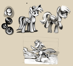 Size: 3102x2784 | Tagged: safe, artist:gsphere, derpy hooves, pegasus, pony, female, hat, ice skates, ice skating, lidded eyes, looking at you, mailmare hat, mare, monochrome, raised hoof, sketch, sketch dump, solo, tongue out