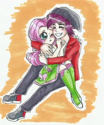 Size: 3966x4734 | Tagged: safe, artist:chibichibs, fluttershy, normal norman, equestria girls, /mlp/, background human, blushing, colored, female, hug, male, normanshy, shipping, straight, traditional art