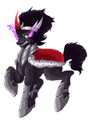 Size: 712x1000 | Tagged: safe, artist:blazemizu, derpibooru import, king sombra, pony, unicorn, armor, cape, clothes, dark magic, fangs, magic, simple background, solo, sombra eyes, transparent background