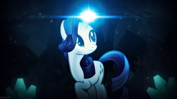 Size: 1920x1080 | Tagged: safe, artist:baumkuchenpony, artist:drakesparkle44, rarity, pony, unicorn, cave, crystal, dark, exploring, female, glowing horn, lens flare, light, magic, mare, solo, vector, wallpaper