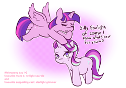 Size: 1072x754 | Tagged: safe, artist:burgeroise, starlight glimmer, twilight sparkle, twilight sparkle (alicorn), alicorn, pony, unicorn, dialogue, duo, eyes closed, female, floppy ears, head pat, mare, no pupils, open mouth, pat, smiling, spread wings, sweat, sweatdrop, wings