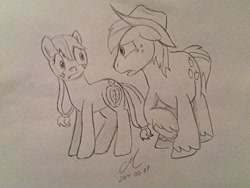 Size: 1024x768 | Tagged: safe, artist:craddlemaster, applejack, big macintosh, earth pony, pony, body swap, male, monochrome, stallion, swapped cutie marks, traditional art