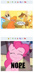 Size: 250x535 | Tagged: safe, edit, applejack, braeburn, little strongheart, pinkie pie, rainbow dash, earth pony, pegasus, pony, braeheart, derpibooru, dialogue, female, fetish, juxtaposition, male, meta, nope, shipping, straight, vore