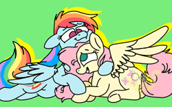 Size: 1024x640 | Tagged: safe, artist:sandwichbuns, derpibooru import, fluttershy, rainbow dash, pegasus, pony, cuddling, female, flutterdash, green background, lesbian, prone, shipping, simple background