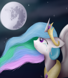 Size: 1024x1170 | Tagged: safe, artist:vanillashineart, princess celestia, alicorn, pony, mare in the moon, moon, sad, solo