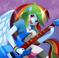 Size: 1024x1000 | Tagged: safe, artist:yk-dgb, derpibooru import, rainbow dash, equestria girls, rainbow rocks, breasts, electric guitar, female, guitar, ponied up, rainboob dash, solo