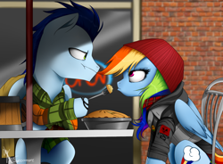 Size: 1512x1112 | Tagged: safe, artist:supermare, derpibooru import, rainbow dash, soarin', pegasus, pony, beanie, chair, clothes, crossover, delsin rowe, hat, infamous, infamous second son, pie, sitting, table, that pony sure does love pies