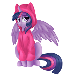 Size: 1024x1152 | Tagged: safe, artist:voilet14, derpibooru import, twilight sparkle, twilight sparkle (alicorn), alicorn, pony, clothes, cute, female, hoodie, lidded eyes, looking at you, mare, simple background, sitting, smiling, solo, spread wings, twiabetes, white background, wings