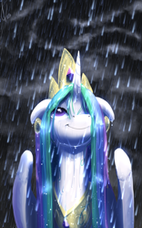 Size: 2000x3200 | Tagged: safe, alternate version, artist:valcron, princess celestia, alicorn, pony, basking in the rain, cute, cutelestia, female, floppy ears, mare, rain, smiling, solo, wet mane