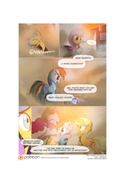 Size: 3541x5016 | Tagged: safe, artist:gashiboka, derpibooru import, applejack, pinkie pie, rainbow dash, oc, oc:gold lily, earth pony, pegasus, pony, unicorn, comic:recall the time of no return, accessory theft, comic, patreon, patreon logo