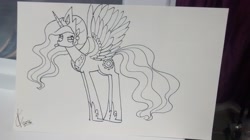 Size: 2592x1456 | Tagged: safe, artist:valcron, princess celestia, alicorn, pony, frown, monochrome, solo, spread wings, tongue out, traditional art