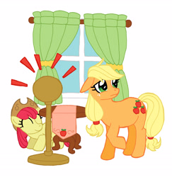 Size: 3027x3113 | Tagged: safe, artist:ironychan, apple bloom, applejack, earth pony, pony, accessory theft, female, mare