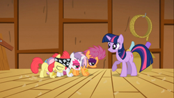 Size: 1366x768 | Tagged: safe, derpibooru import, screencap, apple bloom, scootaloo, sweetie belle, twilight sparkle, the show stoppers, bandana, cutie mark crusaders, face paint, lidded eyes