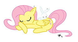 Size: 1000x544 | Tagged: safe, artist:deprava, angel bunny, fluttershy, pegasus, pony, female, mare, sleeping