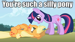 Size: 640x360 | Tagged: safe, edit, edited screencap, screencap, applejack, twilight sparkle, earth pony, pony, applebuck season, duo, image macro, meme, silly, silly pony, tongue out, wavy mouth, who's a silly pony