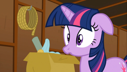 Size: 1366x768 | Tagged: safe, derpibooru import, screencap, twilight sparkle, unicorn twilight, pony, unicorn, the show stoppers, cardboard box, female, floppy ears, frown, mare, rope, solo, wide eyes