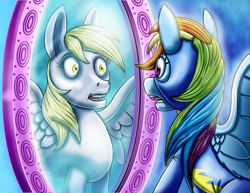 Size: 2786x2153 | Tagged: safe, artist:amalgamzaku, derpy hooves, rainbow dash, pegasus, pony, clothes, commission, duality, female, looking at each other, mare, mirror, shocked, spread wings, uniform, wings, wonderbolts uniform