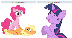 Size: 514x275 | Tagged: safe, derpibooru import, applejack, pinkie pie, twilight sparkle, earth pony, pony, pinkie apple pie, derpibooru, exploitable meme, juxtaposition, juxtaposition win, meme, meta, shipper on deck