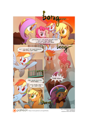 Size: 3541x5016 | Tagged: safe, artist:gashiboka, derpibooru import, applejack, pinkie pie, rainbow dash, oc, oc:gold lily, earth pony, pegasus, pony, comic:recall the time of no return, comic, patreon, patreon logo