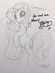 Size: 2392x3189 | Tagged: safe, artist:anearbyanimal, starlight glimmer, pony, unicorn, body pillow, commission, harmonycon 2020, irl shitposting, karl marx, kelly sheridan, monochrome, sketch